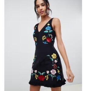 ASOS Black Corduroy Floral Embroidered V Neck Ruffle Hem Dress Size 8